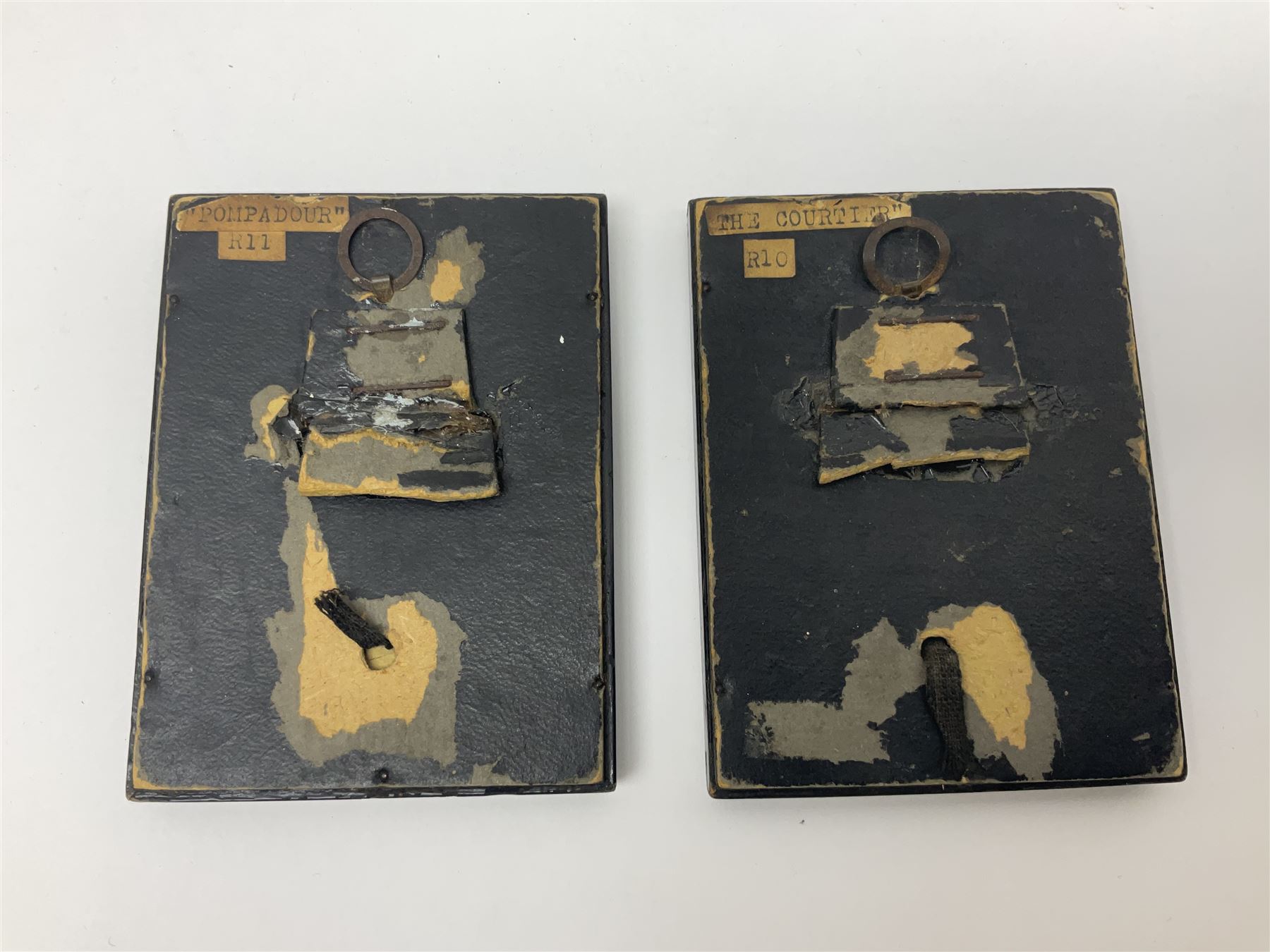 Seven 1930's butterfly wing pictures, mainly of ladies in period dress, one signed Dorothy Buckley, largest H18cm