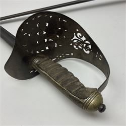 WW1 British Army 1897 Pattern Officers Sword, the 80cm fullered steel blade with traces of decoration and inscribed 'W.E. French 1914'; the basket hilt pierced with the George V cypher and wire-bound fish-skin grip L97cm overall; and WW1 British 1821 pattern Royal Artillery officer's sword with three-bar hilt; both lacking scabbard (2)