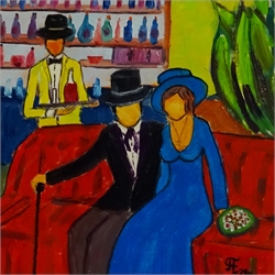  'Figures in a Restaurant on the Cote d'Azur', oil on board signed and dated '79 by Boris Pavlov (Russian 1928-2005), inscribed with artist's stamp verso 19cm x 19cm  Provenance: with Kunsthandel Fermen, from the artist's estate with certificate verso       