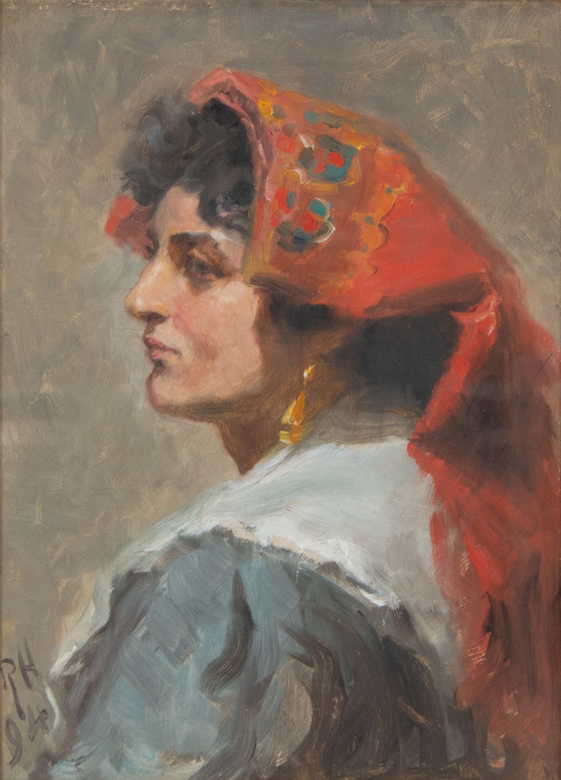 Ralph Hedley (Staithes Group 1851-1913):  'Mrs Palma Fionda' - Head and Shoulders Portrait, oil on board signed with initials and dated '94, 36cm x 26cm 
Provenance: exh. 'Exhibition of Works by Ralph Hedley', Laing Art Gallery, Newcastle 1938, no. 129, label verso