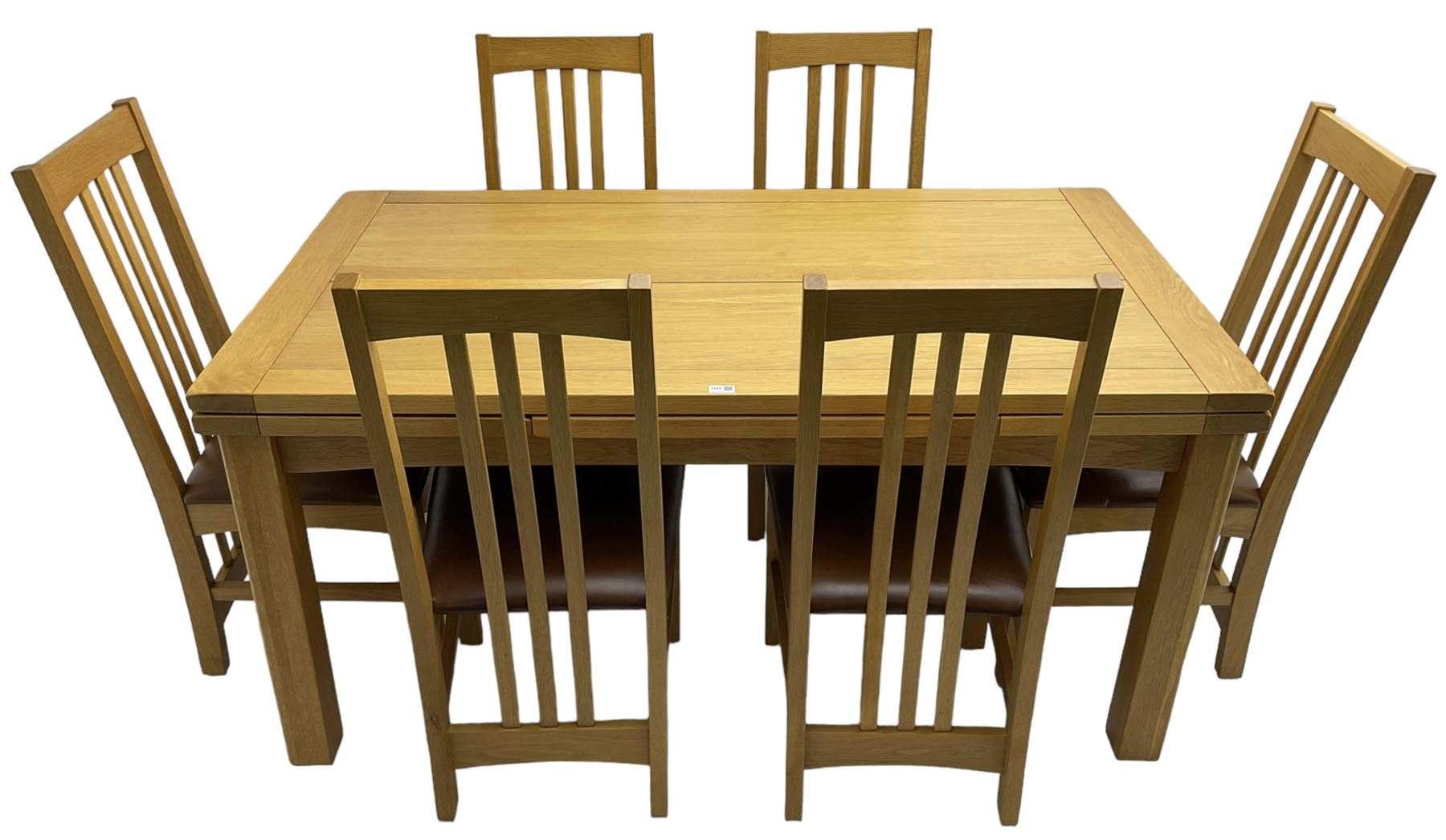 Multi-York - light oak dining table, rectangular draw leaf extending top, on square supports; together with a set of six chairs high back dining chairs with brown leather upholstered seats 