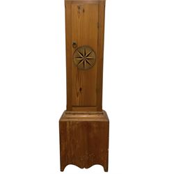 Joseph Wood of Scarborough -  mid 18th century 30 hour pine cased Longcase clock with a flat pediment and broad cornice, break arch hood door with attached pilasters, rectangular trunk with a flat topped full length door with  inlay, on a rectangular plinth with a shaped base, brass dial with cast spandrels and makers name to the arch, plain dial centre with a square date aperture and original steel hands, chapter with Roman numerals, five minute Arabic's and minute track, dial pinned directly to a rope driven countwheel striking movement, striking the hours on a bell. With weight and pendulum. 
Joseph Wood is recorded as a clockmaker in Whitby c1760, however a number of his clocks are found signed Scarborough. It is thought he probably moved to Scarborough later in the 18th century or he possibly sold his clocks via a journeyman in Scarborough.