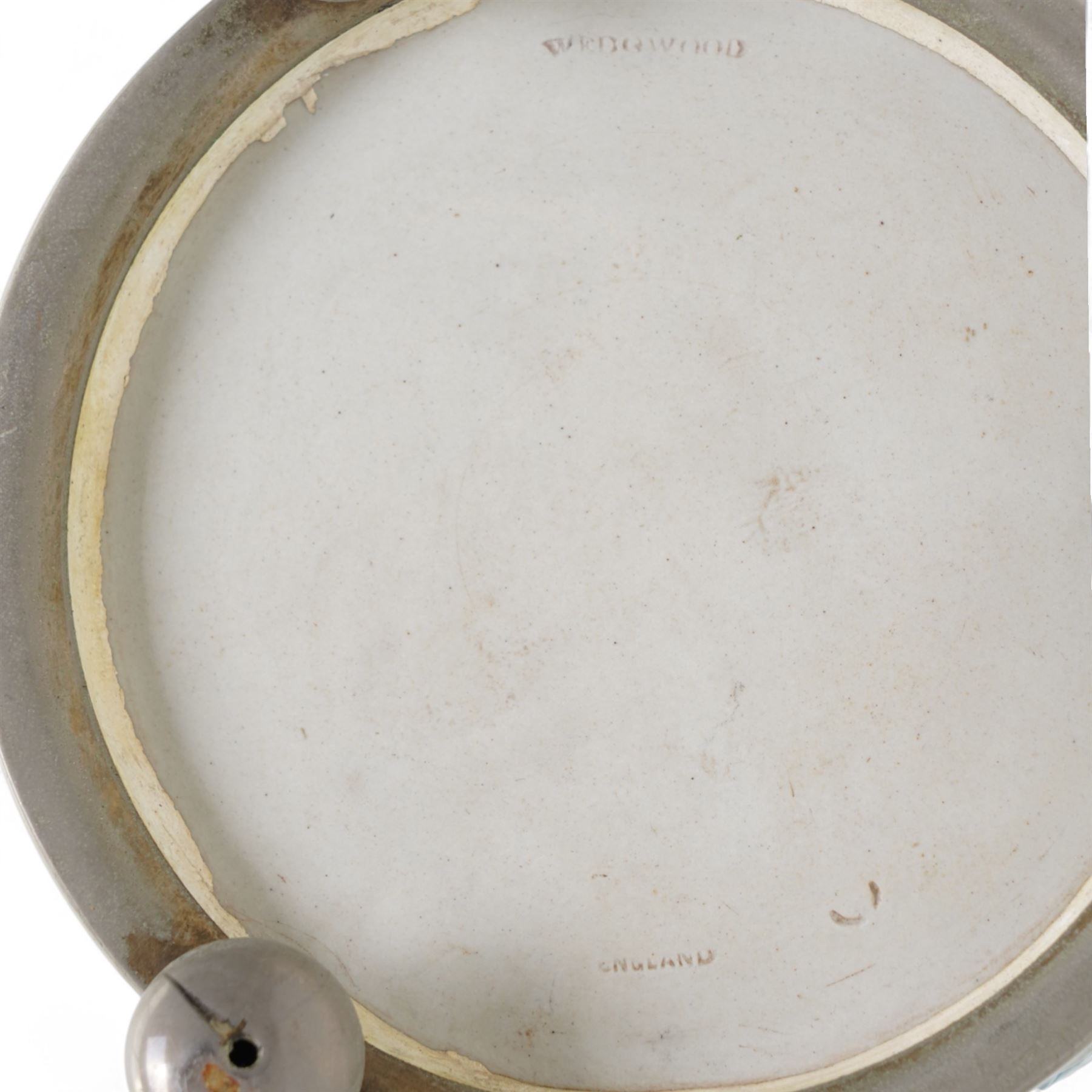 19th century Wedgwood Jasperware biscuit barrel, bas relief decorated with Diana and other classical figures, with EPNS mounts and swing handle, H18cm together with a Wedgwood Queen's Ware bowl (2)