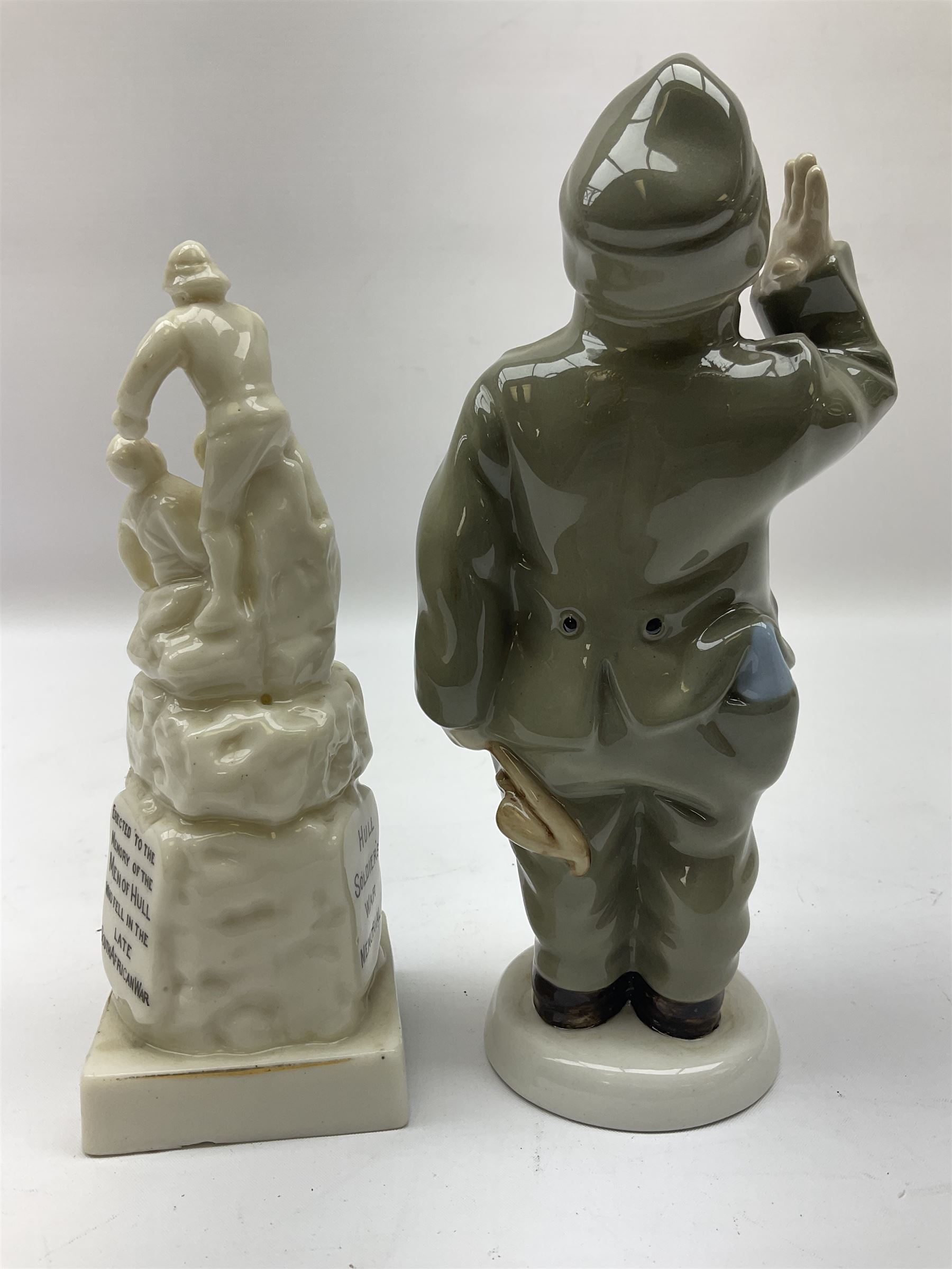 Royal Dux figure of a saluting soldier and Willow Art Crested ware Hull soldiers war memorial c1903 late South African war, tallest H19cm