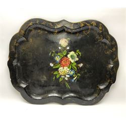 Victorian papier-mâché tray of shaped oval form, with hand painted floral decoration and mother of pearl detail, L79cm, W61cm