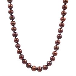 Single strand chocolate pearl necklace, with 9ct gold clasp and a pair of matching 9ct gold stud earrings, retailed by Barbara Cattle, York, boxed