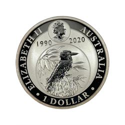 Nine Queen Elizabeth II Australia one ounce fine silver one dollar coins, including 2014 'Saltwater Crocodile', 2015 'Funnel Web Spider', 2018 'Kangaroo', 2020 '30th Anniversary Kookaburra' etc