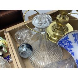 Quantity of glass ware to include Caithness Splashdown paperweight, decanters, vases, etc, divided wall shelf, bird figures, brass lamp etc