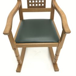 'Foxman' oak rocking chair, arched cresting rail over carved and pierced lattice splat, by Malcolm Pipes of Carlton Husthwaite, Thirsk, W55cm, H108cm, D76cm