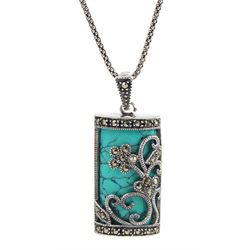 Silver turquoise and marcasite flower design pendant necklace, stamped 925 