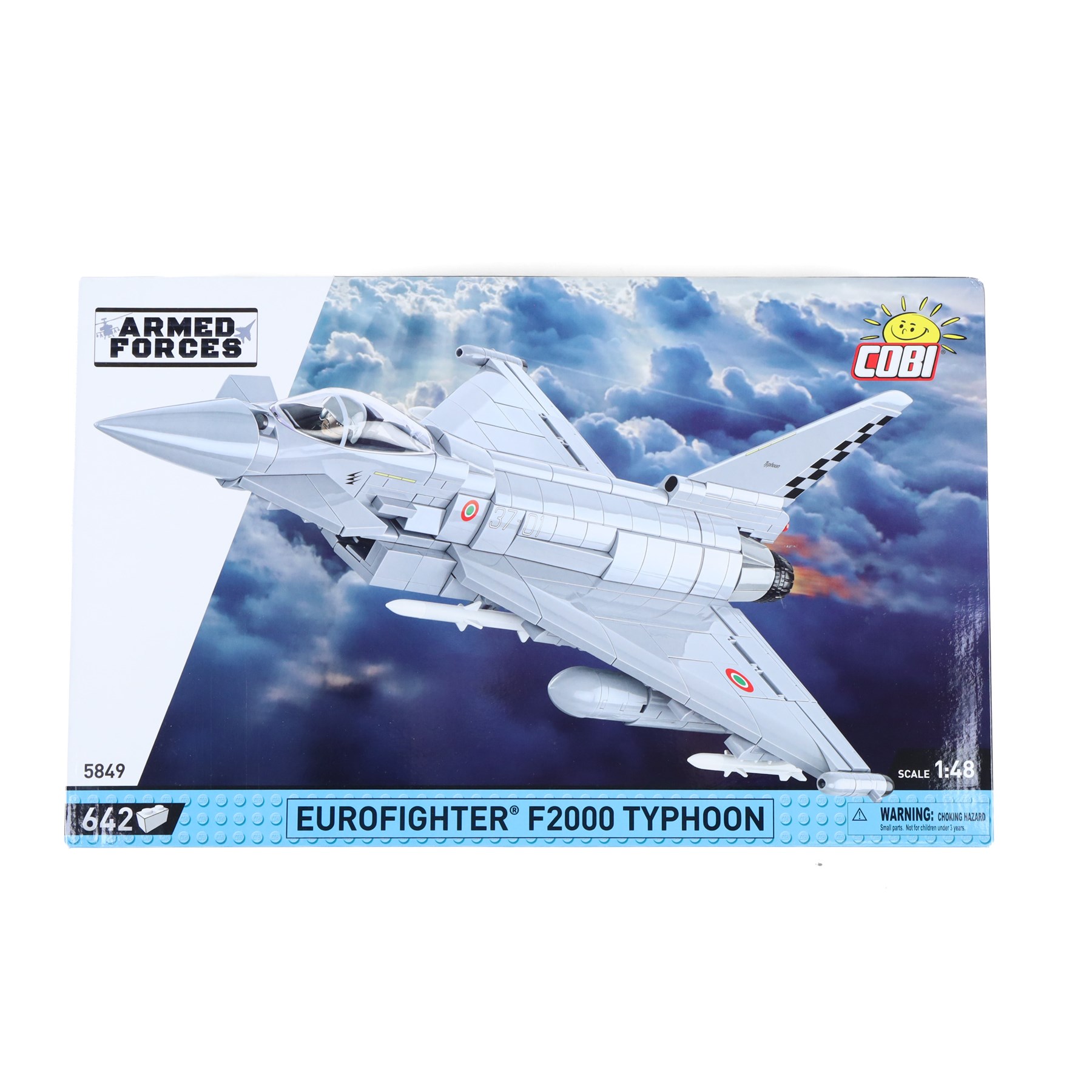 Four Cobi Bricks 1:48 scale Armed Forces sets, comprising no. 5856 A-10 Thunderbolt II Warthog, no. 5849 Eurofighter F2000 Typhoon, no. 5898 F-4F Phantom II and no.5832 F-35 A Lightning II, all in sealed boxes