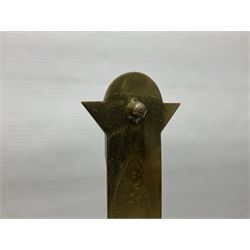 Brass alter cross, decorated with glass cabochons, upon a acicular stepped base and three claw feet, H73cm 