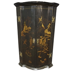  19th century serpentine corner cupboard, Chinoiserie decorated with figures in gilt, red painted interior with three shaped shelves, W60cm, H93cm, D39cm  
