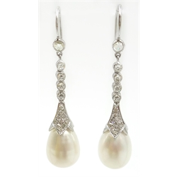  Pair of pearl and diamond 18ct white gold (tested) pendant ear-rings diamonds approx 0.6 carat   