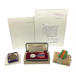 WW1 group of three medals comprising British War Medal and Victory Medal in issue box and Ceylon Volunteer Service Medal awarded to 10288 Pte. M. Smith R. Fus.; together with a later awarded WW2 Defence Medal in modern box with slip; and his QEII Imperial Service Medal in case and box with certificate dated 1959
