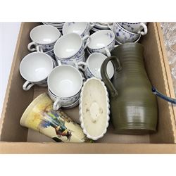 Masons and Furnival Denmark pattern blue and white tea wares, together with a Royal Worcester trinket box, Leedsware bowl and other ceramics and glassware, in four boxes