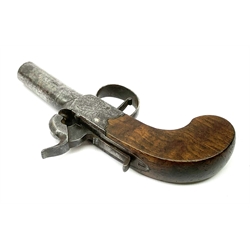 19th century English percussion box lock pocket pistol by Booth Huddersfield with (seized) turn-off barrel, engraved lock, walnut stock and thumb safety L16cm overall