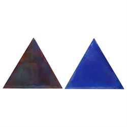 Gillian Ross Kelsey (British 1935-2025): 'Triangles' in Blues and Greens, set of four acrylic glazes on canvas laid on to board unsigned all 44cm x 51cm (4)