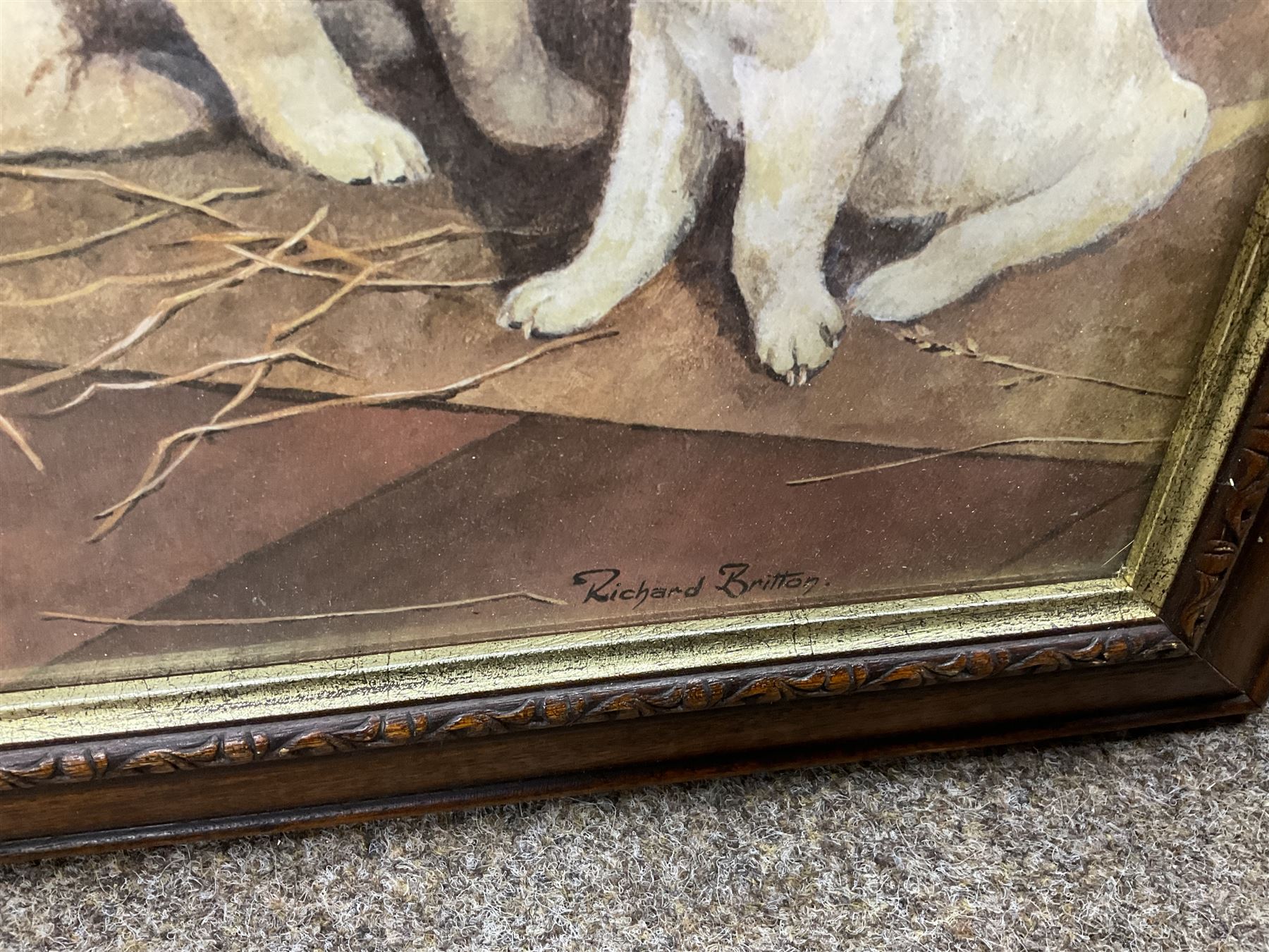 After P E Marshal (British 20th century), Car Outside Inn, water colour signed and dated; after Richard Britton (British) 'Mischief Makers' (golden labradors), colour print, together with three colour prints of dogs and embossed decorative bear scene (6) 