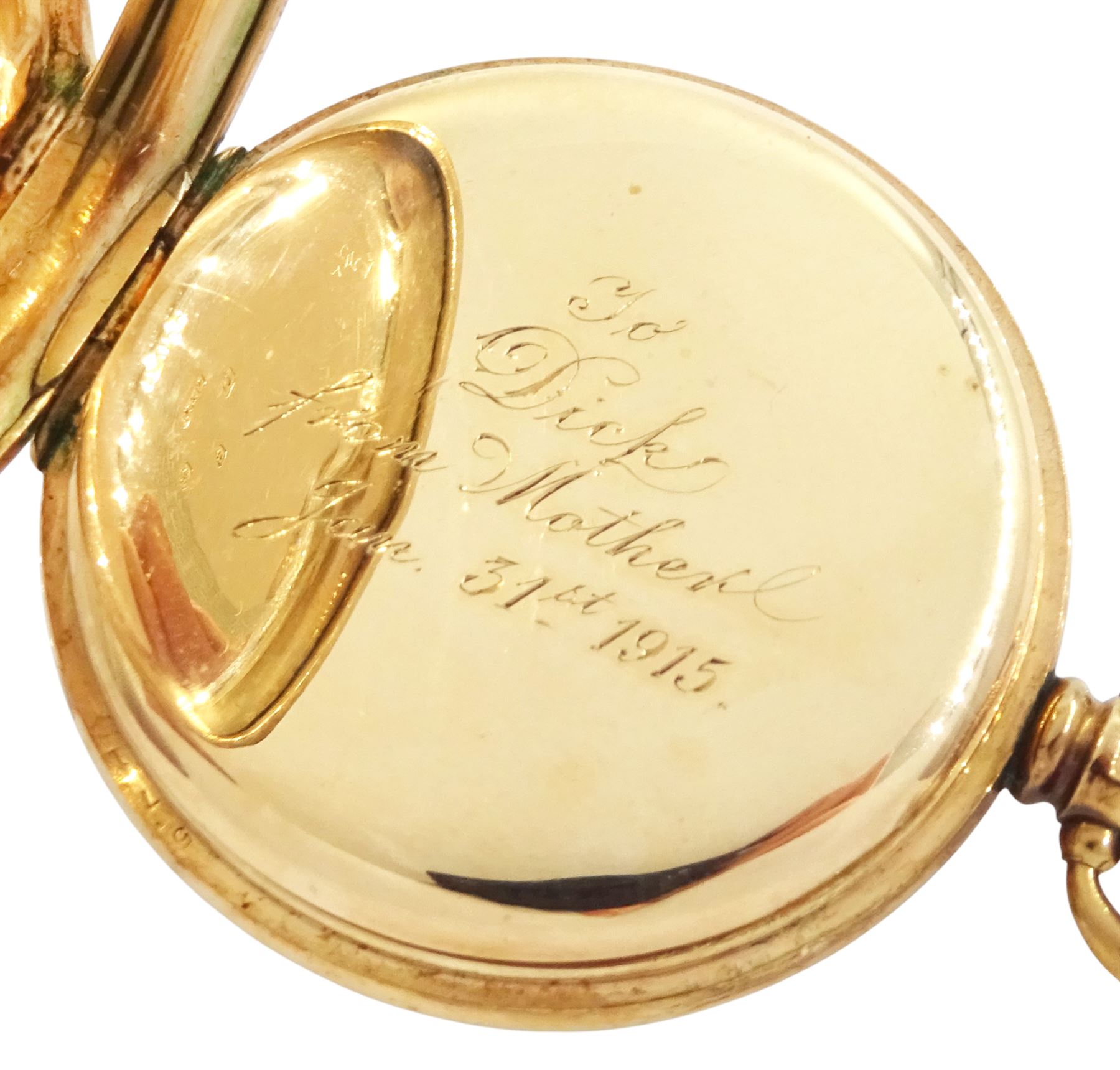 Early 20th century 9ct gold open face, keyless lever presentation pocket watch by American Watch Company, Waltham, No. 17507298, white enamel dial with Arabic hour markers and subsidiary seconds dial, case by Dennison, Birmingham