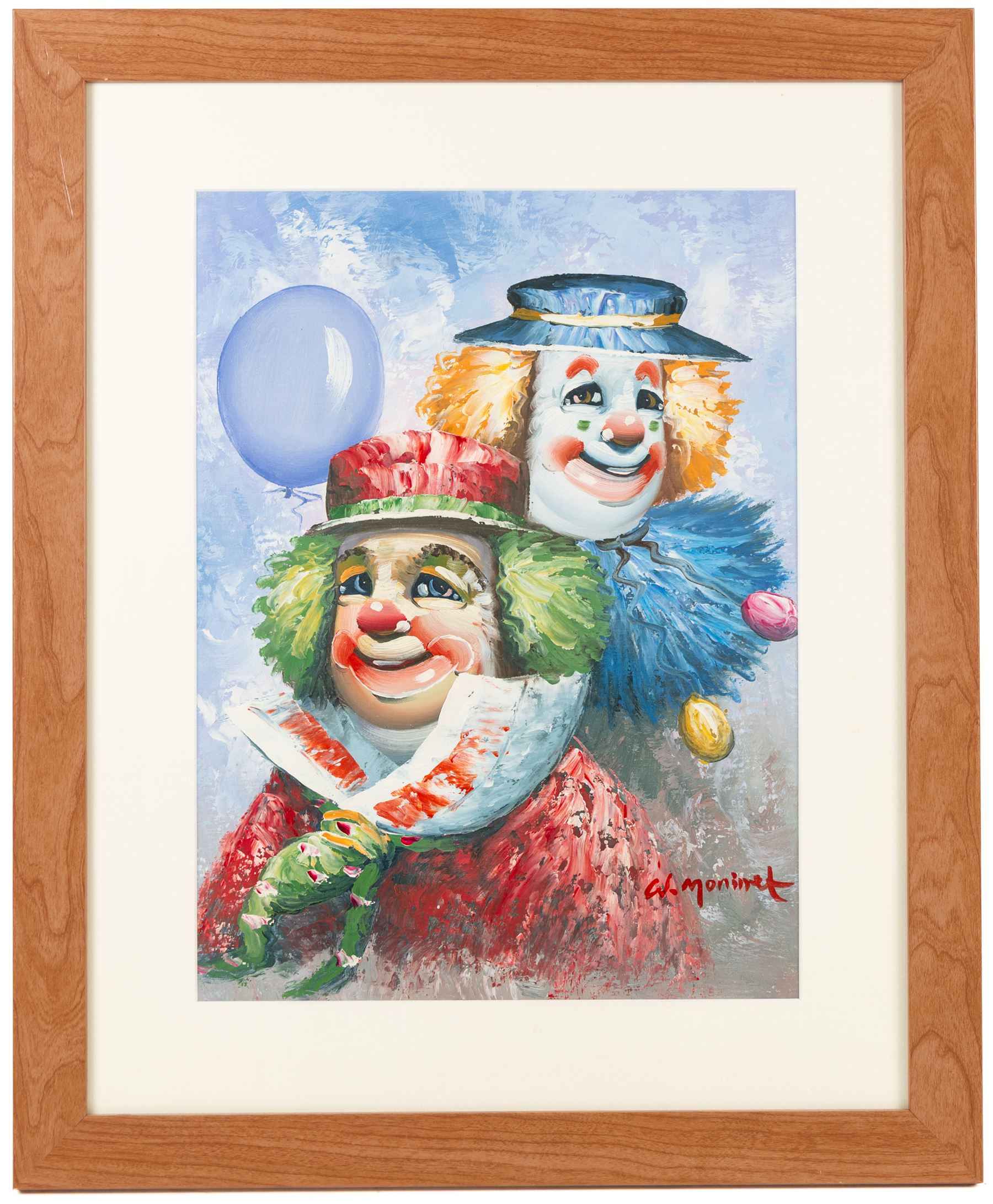 William Moninet (American 1937-1999): Circus Clowns and Clown with a Balloon, pair of oils on canvas board signed 39cm x 29cm (2)