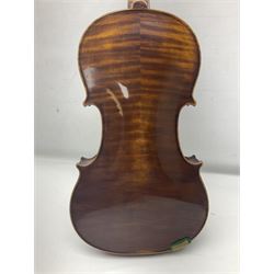 German trade violin c1900 with 35.5cm two-piece maple back and spruce top; bears label 'Made in Germany Apollo Class 6 No.2132' L59cm; in carrying case with two bows