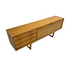 Stonehill Furniture (SF) Ltd - mid-20th century teak sideboard, rectangular topover three drawers, two cupboard doors and fall-front drinks cupboard, raised on square tapering supports
