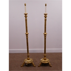  Pair gilt wood standard lamps with shades, H149cm  