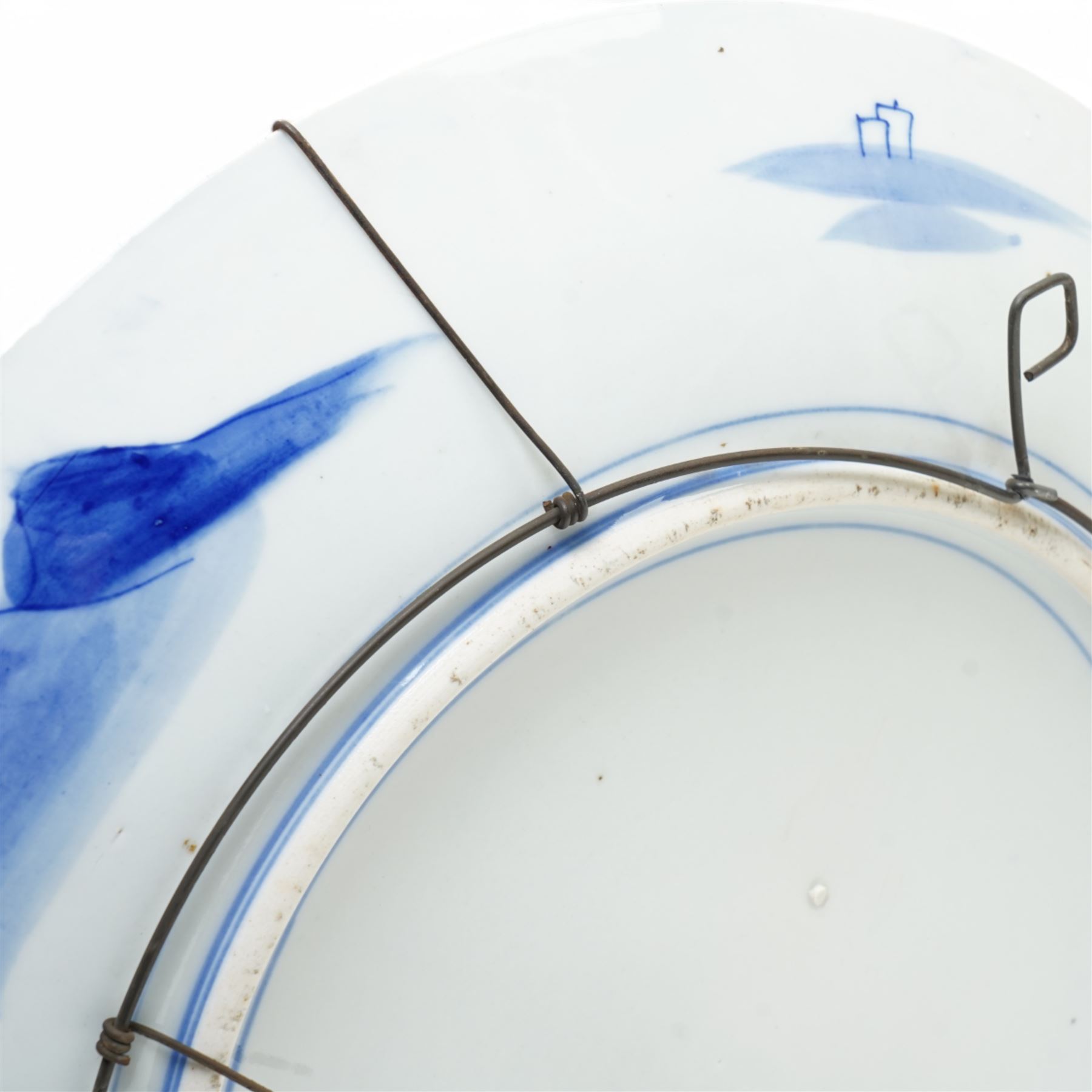 Japanese charger decorated in blue and white with peacock, flowers etc D46cm