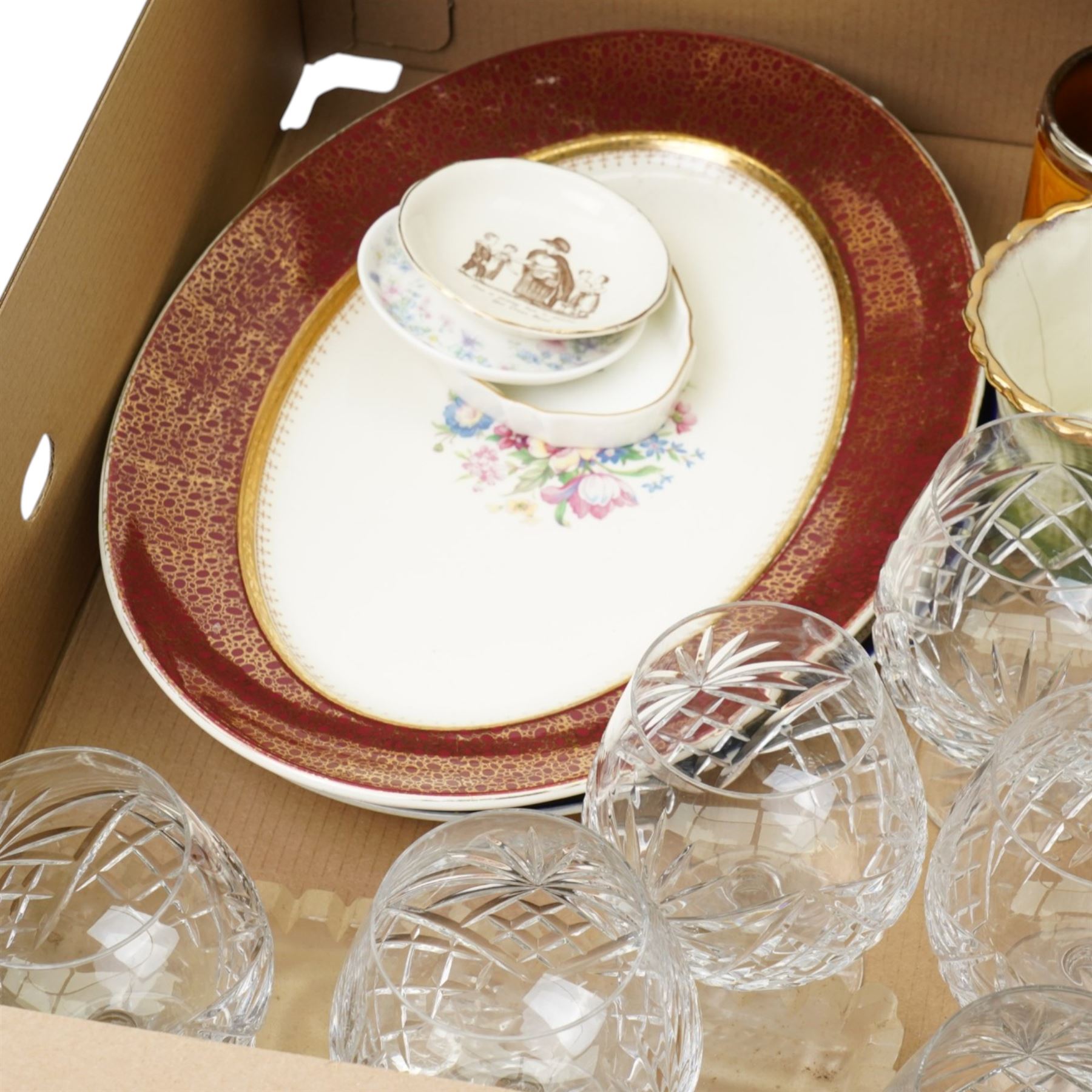 Three blue glass vases, six brandy balloons, Colibri table lighter, glass biscuit box and other items in two boxes