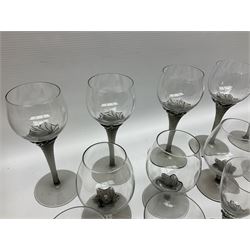 Murano glass figure of a recumbent horse, Murano Lavorazione purple and pink flower, and quantity of matching drinking glasses