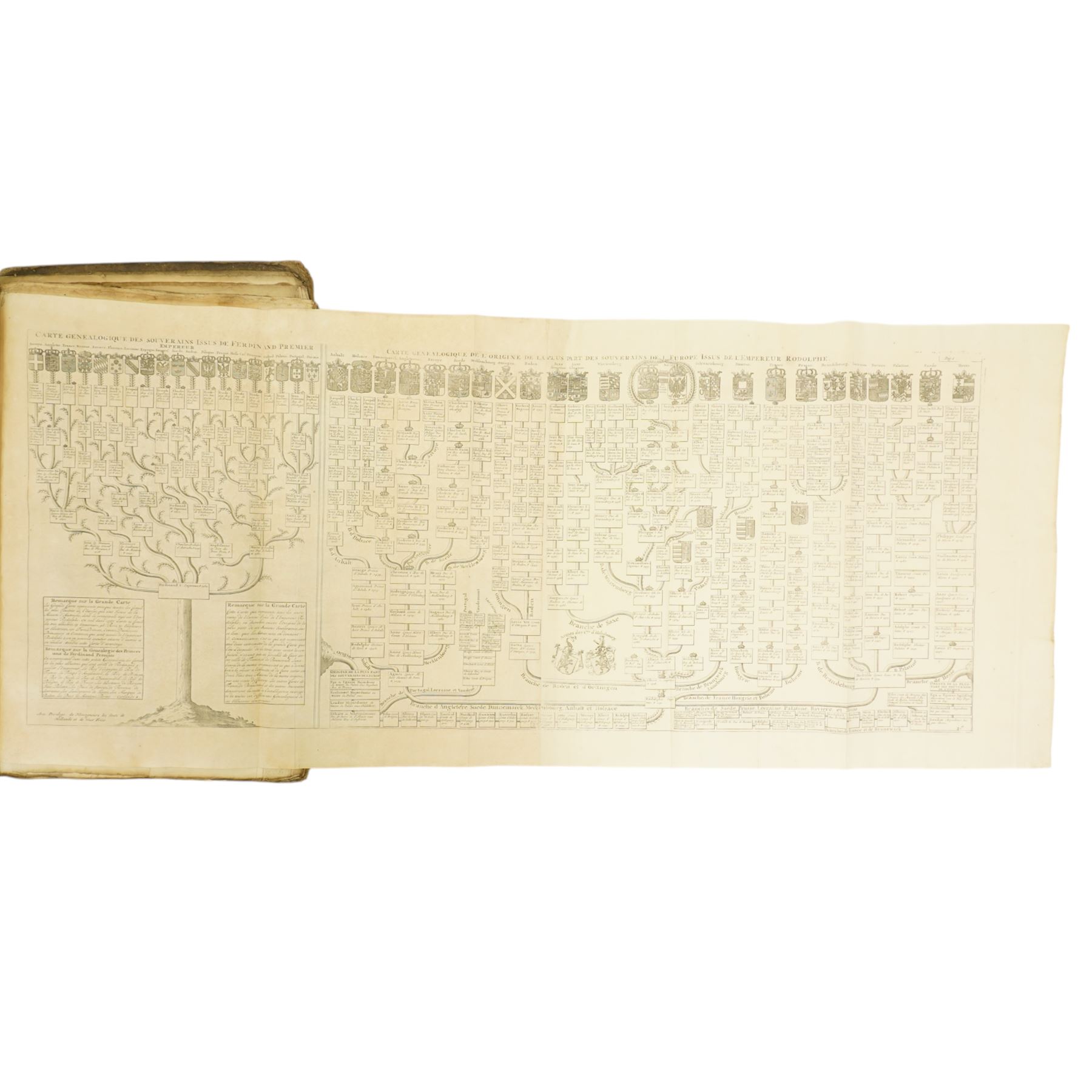 Limiers, Henri-Philippe de - 'Annales de la Monarchie Francoise', published Chez L'Honore & Chatelain Amsterdam  1724, three volumes in one with engraved frontispiece, sixty three full page plates and seven fold out genealogical tables, red and black title pages, full calf