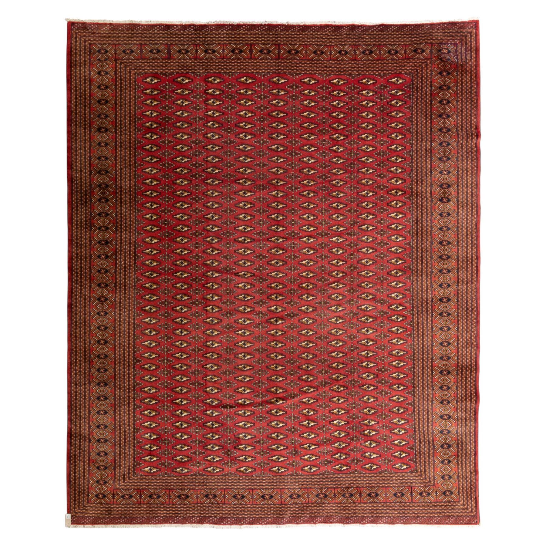 North East Persian Turkoman hand-knotted carpet, madder red field decorated with rows of repeating Tekke guls, in offset horizontal bands and interspersed cruciform subsidiary motifs, enclosed within narrow geometric borders featuring stylized tribal devices, with fringe ends   