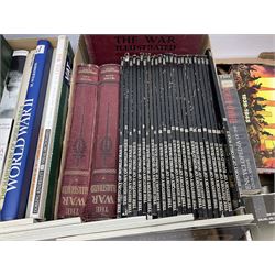 Three boxes of books, periodicals and DVDs of military interest with particular emphasis on WW2 including The History of World War Two in thirty original parts by Orbis, The D-Day Experience by Richard Holmes, The World War Two Databook, The World at War, Special Forces etc