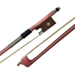 Zest full size pink violin, with a solid wood body and maple head, with matching pink bow and two further bows, in a hard case Length 60cm