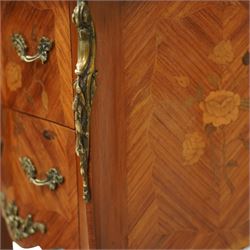 Pair of early 20th century French marquetry bedside cabinets, each serpentine marble top above two drawers with floral inlay, ormolu mounts and handles, on slender cabriole supports with sabots