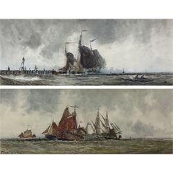 Frank Henry Mason (Staithes Group 1875-1965): 'Dutch Pinks (Barges) entering Volendam Harbour' and 'Off the ** Lightship Holland', pair watercolours and bodycolour signed titled and dated '99, 18cm x 44cm (2) (unframed)