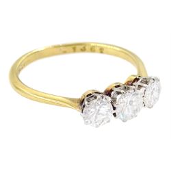 18ct gold three stone transitional cut diamond ring, stamped, total diamond weight approx 0.80 carat