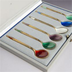 Set of six Danish silver-gilt and guilloche enamel demitasse spoons by Anton Michelsen, stamped A. Michelsen, Sterling, Denmark, with import marks for London, R C P Ltd, in fitted case