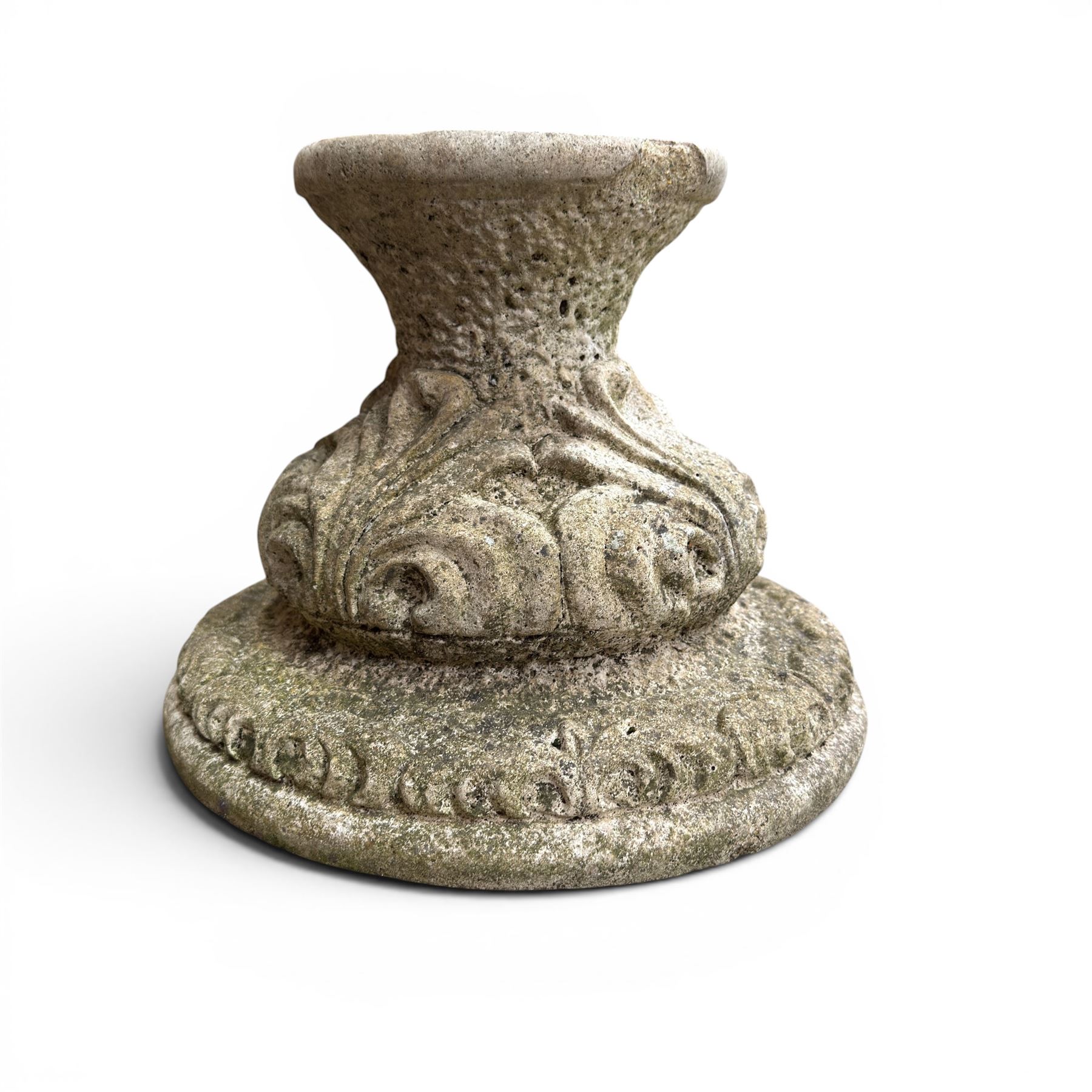 Collection of decorative cast stone garden pieces, comprising three graces bird bath, three urn planters, urn base, figure of girl and a Scottie dog (7)