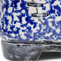 19th century Scottish pearlware flask in the form of a boot with sponged blue decoration 16cm x 19cm