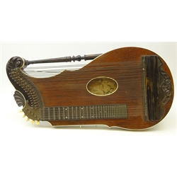  19th century Zither, probably German, rosewood body with ivorine edging, ivory tuning pegs, engraved peg board and carved detail, illegible label, L72cm   