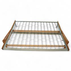 Gerard Guermonprez for Bobois - mid-century light teak sofa daybed, sides with angular teak wire sprung frame, integrated armrests with cut-out hand-holds, single fabric cushion back and seat, on out-swept tapered legs, circa 1955