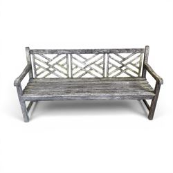 Plantation teak garden bench, triple lattice with slatted seat