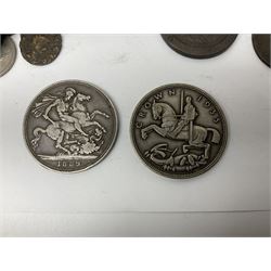 Queen Victoria 1889 crown coin, King George V 1935 crown, Queen Elizabeth II 1977 silver proof crown, small number of Great British pre 1947 silver coins, other pre-decimal coinage, World stamps including Argentina, Australia, Belgium, Canada, France, Germany etc 