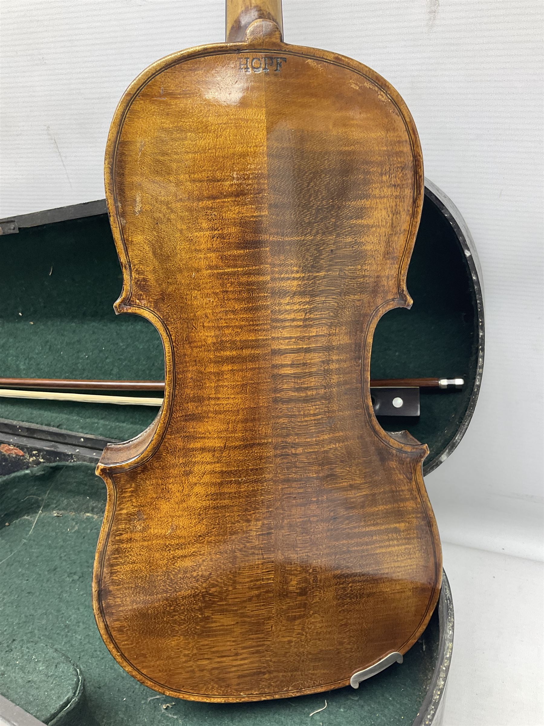 German Hopf violin c1900 with 35.5cm two-piece maple back impressed HOPF, maple ribs and spruce top, also marked HOPF internally L58.5cm overall; in Maidstone ebonised wooden coffin case with bow
