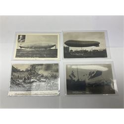 Collection of twenty six postcards depicting Airships/Zeppelins, including two pairs depicting the tragedy of the R.38. wrecked over Hull August 24th 1992, many unused.