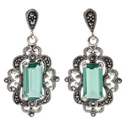 Silver green quartz and marcasite filigree design pendant stud earrings, stamped 925