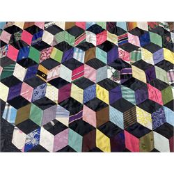 19th Century silk and satin tumbling blocks pattern patchwork quilt with black border 228cm X 196cm