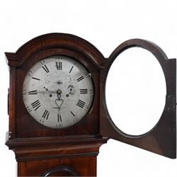 Michael Gottlob Schwarz of London-Early 19th century 8-day mahogany domestic regulator clock c1800, hood with a break arch pediment, silk backed side frets and circular glazed hood door, trunk with a conforming door on a rectangular plinth with a stepped base, silvered dial with an engraved centre, subsidiary seconds, date and strike/silent dials, engraved minute track, Roman numerals, five minute Arabic's and matching steel hands, five pillar rack striking movement with a dead beat escapement striking the hours on a bell. With two brass cased weights, pendulum and key.  
